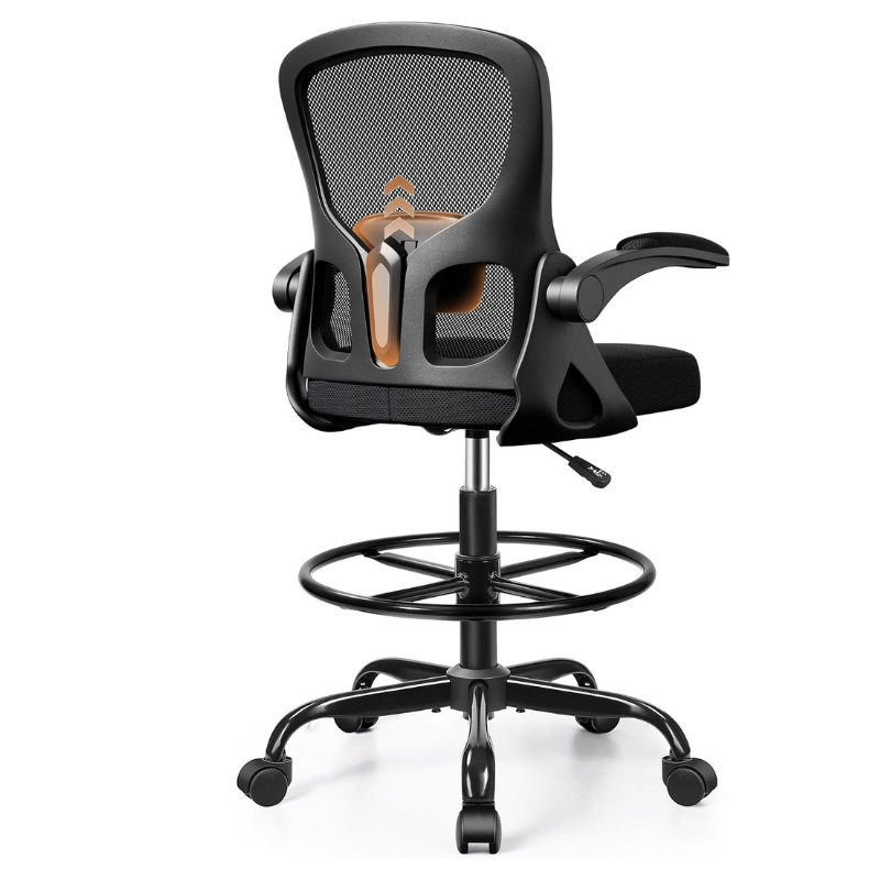Drafting Chair, Tall Office Chair for Standing Desk with Flip-Up Armrests, Adjustable Foot Ring & Lumbar Support, Breathable Mesh High Desk Stool for Studio & Drafting Table
