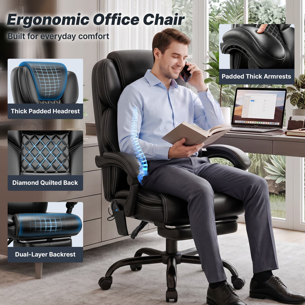 TUORUI Massage Office Chair, Footrest, 6-Point Vibration, Heat, Reclining, 400 lb | Big and tall executive ergonomic desk chair, PU leather, adjustable height, for home office, conference, gaming and reading