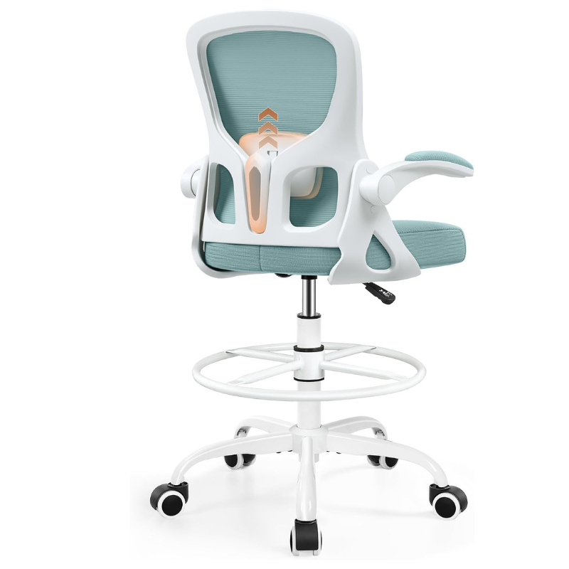 Drafting Chair, Tall Office Chair for Standing Desk with Flip-Up Armrests, Adjustable Foot Ring & Lumbar Support, Breathable Mesh High Desk Stool for Studio & Drafting Table