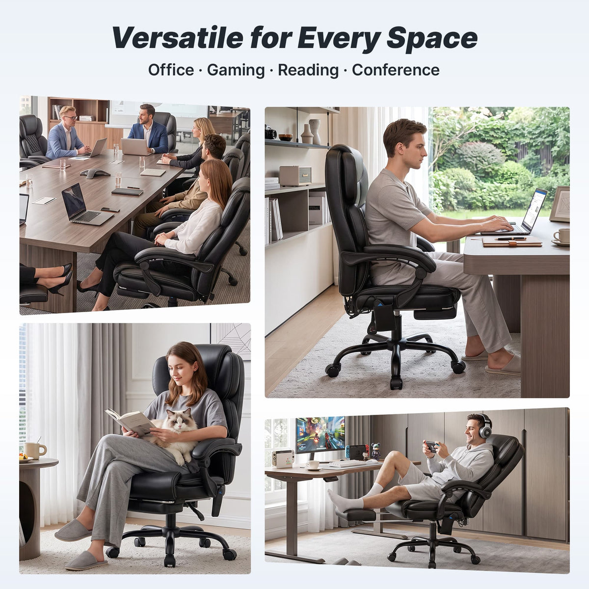 TUORUI Massage Office Chair, Footrest, 6-Point Vibration, Heat, Reclining, 400 lb | Big and tall executive ergonomic desk chair, PU leather, adjustable height, for home office, conference, gaming and reading