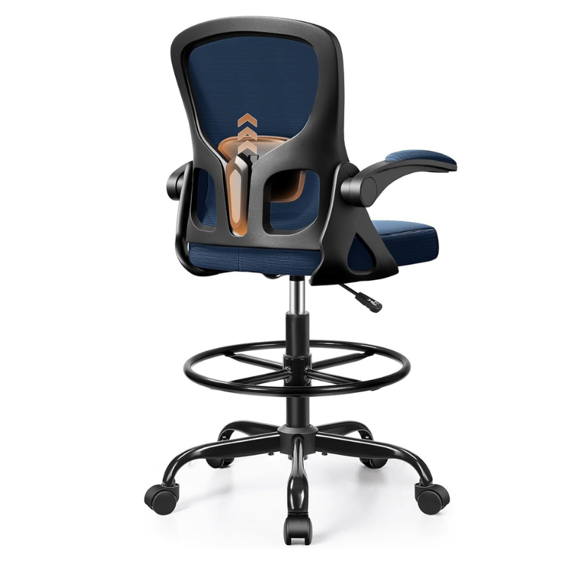 Drafting Chair, Tall Office Chair for Standing Desk with Flip-Up Armrests, Adjustable Foot Ring & Lumbar Support, Breathable Mesh High Desk Stool for Studio & Drafting Table