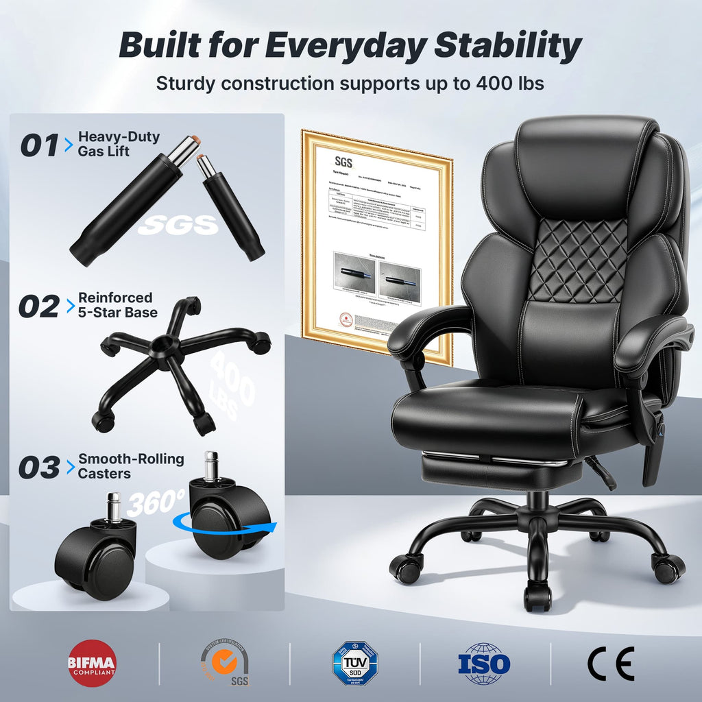 TUORUI Massage Office Chair, Footrest, 6-Point Vibration, Heat, Reclining, 400 lb | Big and tall executive ergonomic desk chair, PU leather, adjustable height, for home office, conference, gaming and reading
