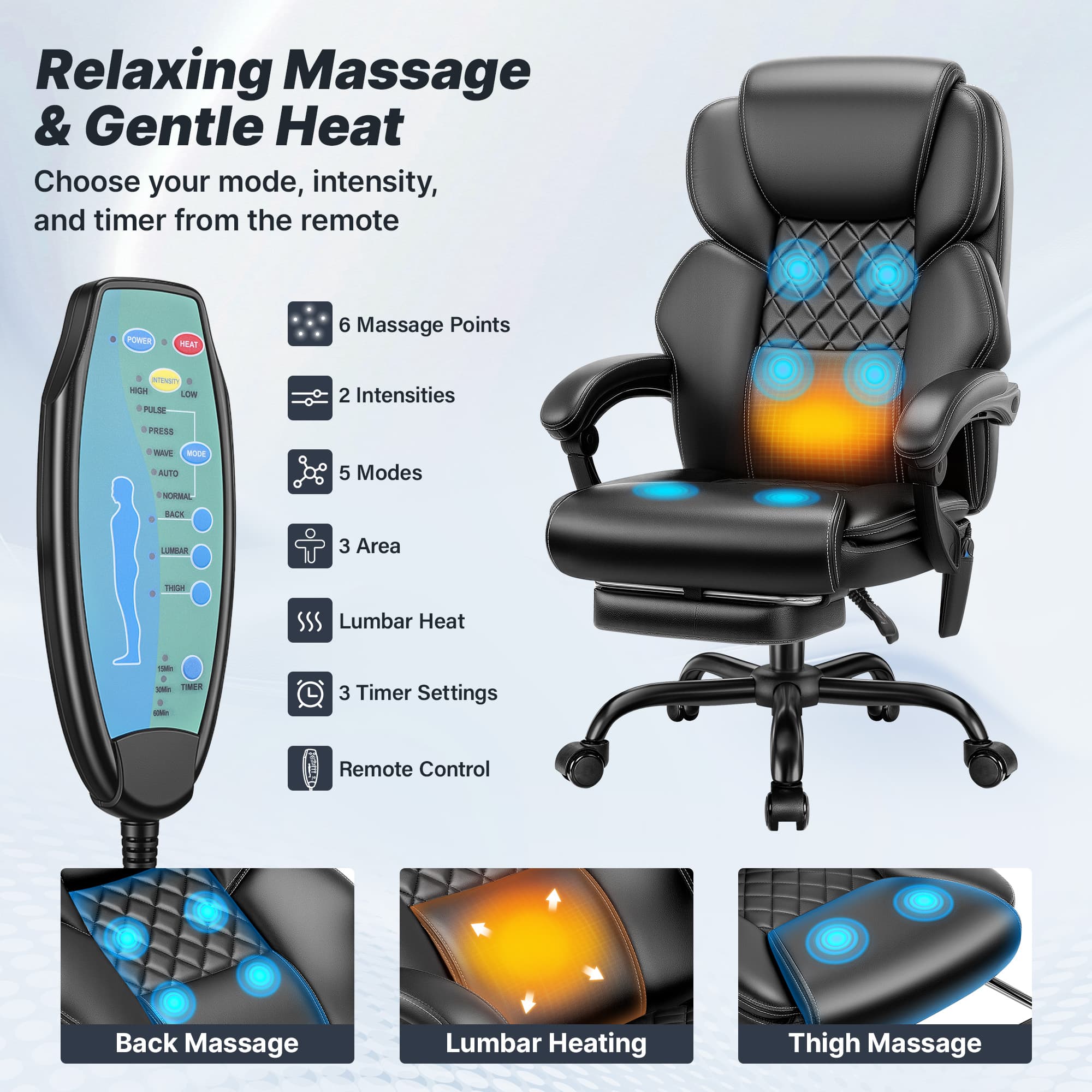 TUORUI Massage Office Chair, Footrest, 6-Point Vibration, Heat, Reclining, 400 lb | Big and tall executive ergonomic desk chair, PU leather, adjustable height, for home office, conference, gaming and reading