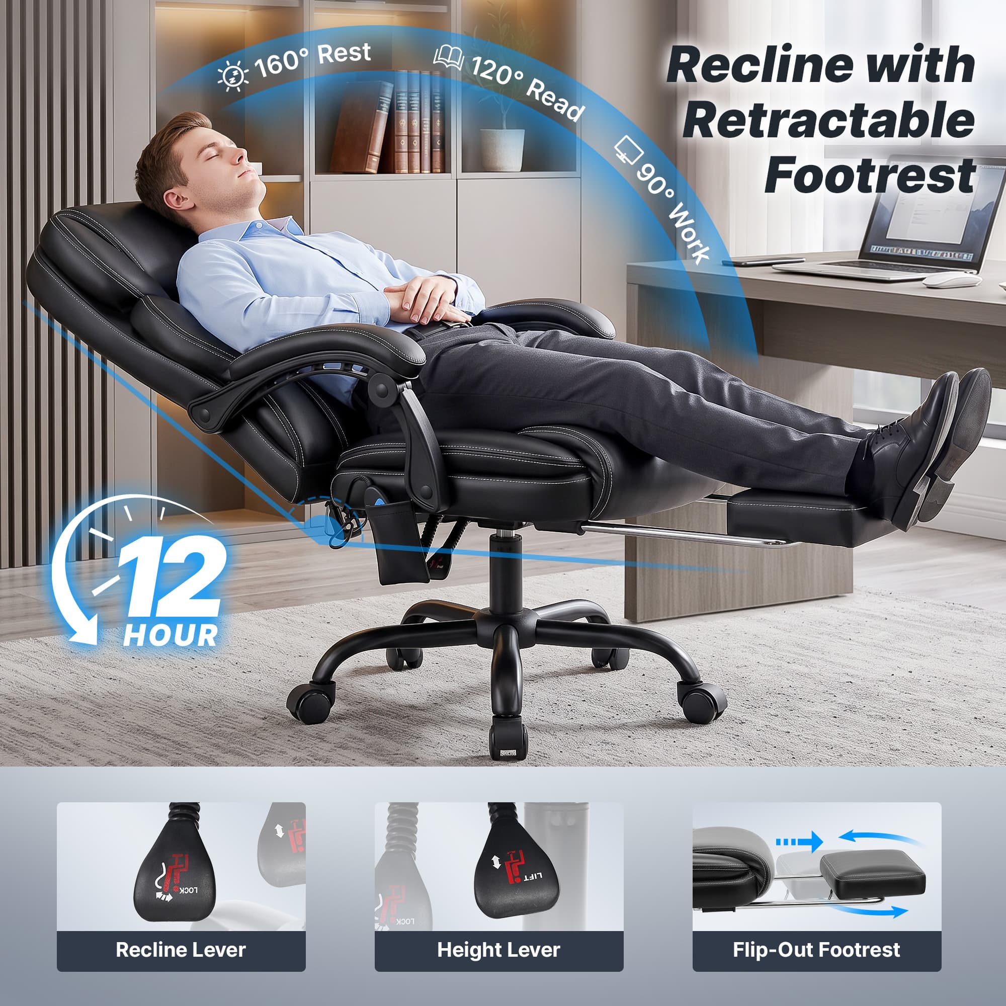 TUORUI Massage Office Chair, Footrest, 6-Point Vibration, Heat, Reclining, 400 lb | Big and tall executive ergonomic desk chair, PU leather, adjustable height, for home office, conference, gaming and reading