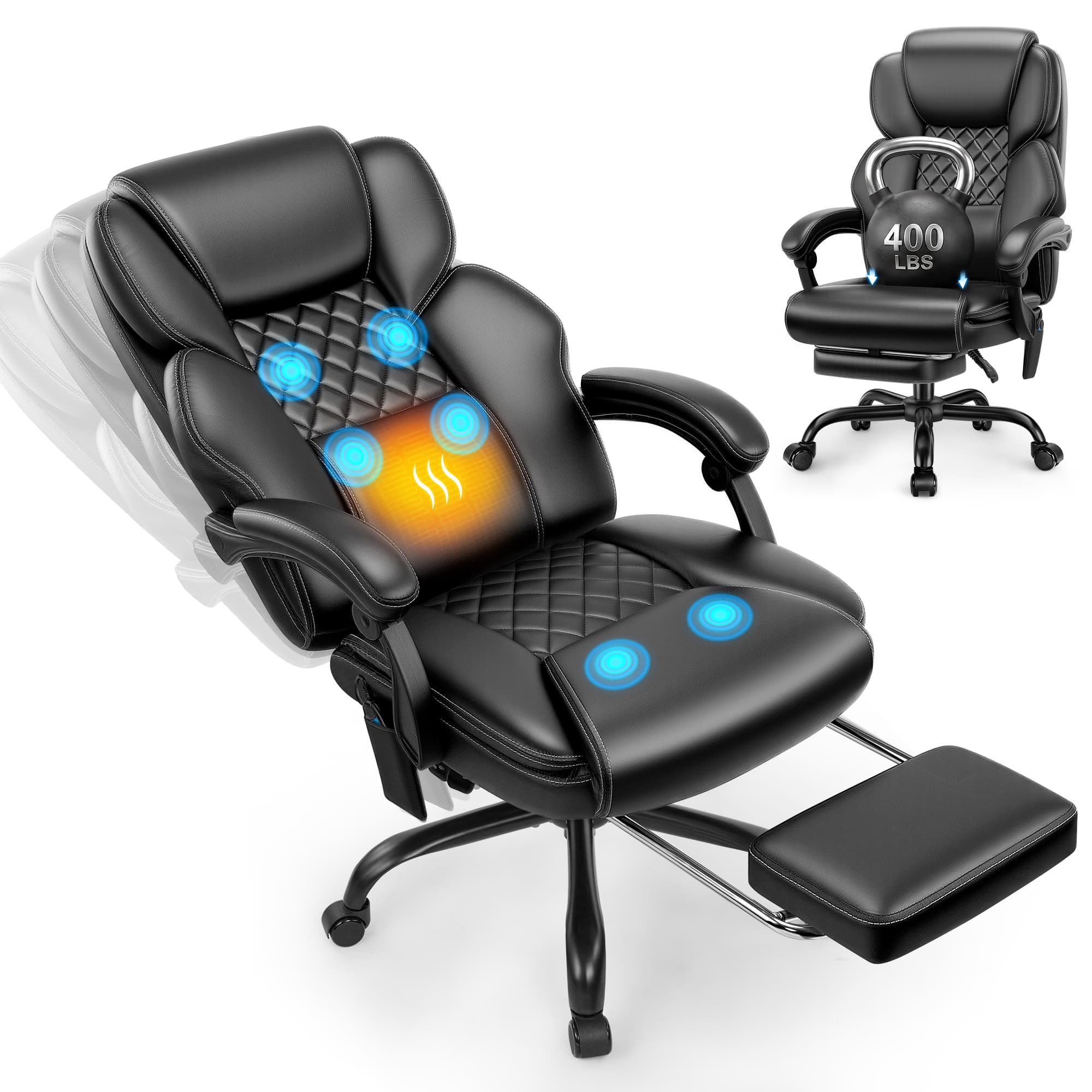 TUORUI Massage Office Chair, Footrest, 6-Point Vibration, Heat, Reclining, 400 lb | Big and tall executive ergonomic desk chair, PU leather, adjustable height, for home office, conference, gaming and reading