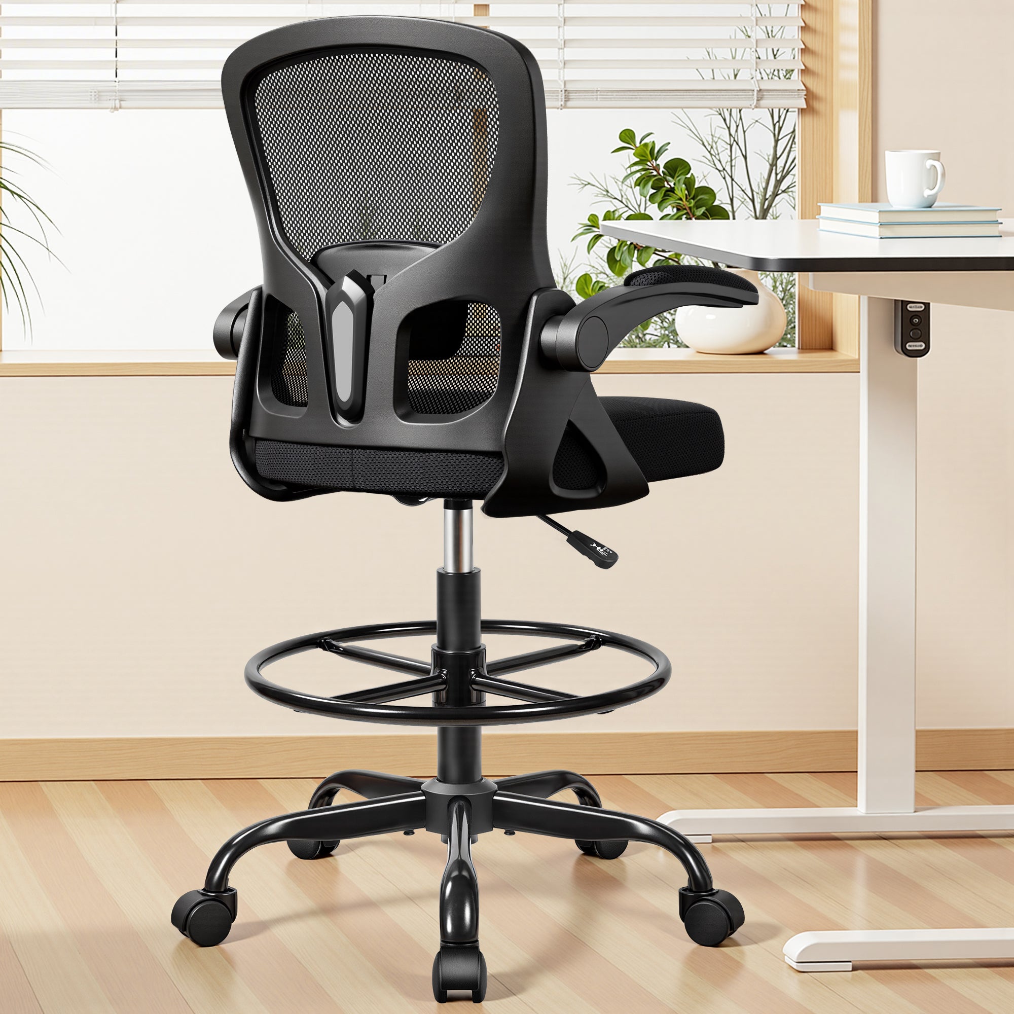Drafting Chair Tall Office Chair for Standing Desk - Ergonomic Computer Work Stool with Flip-up Arms