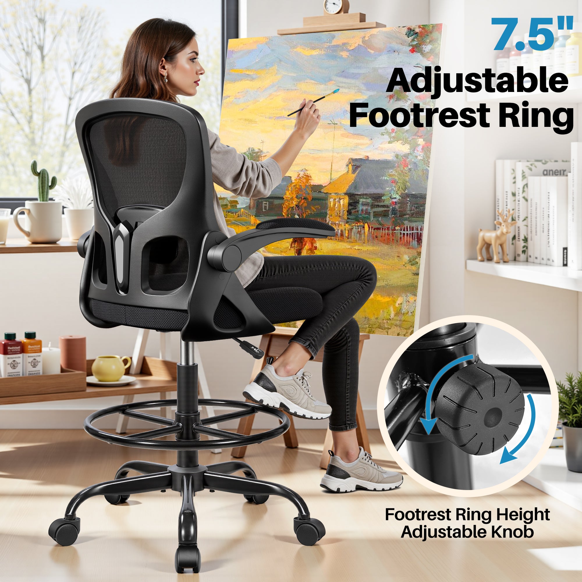 Drafting Chair Tall Office Chair for Standing Desk - Ergonomic Computer Work Stool with Flip-up Arms