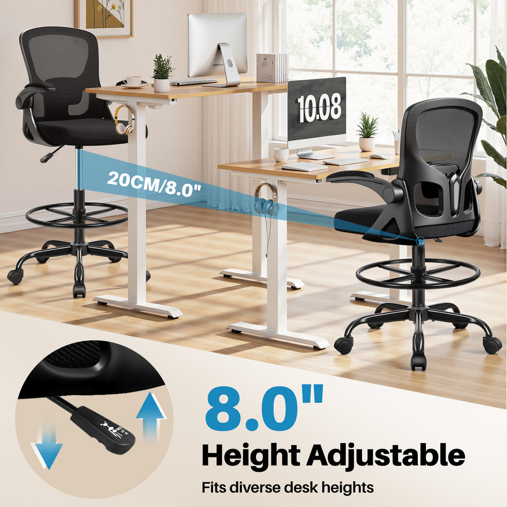 Drafting Chair Tall Office Chair for Standing Desk - Ergonomic Computer Work Stool with Flip-up Arms