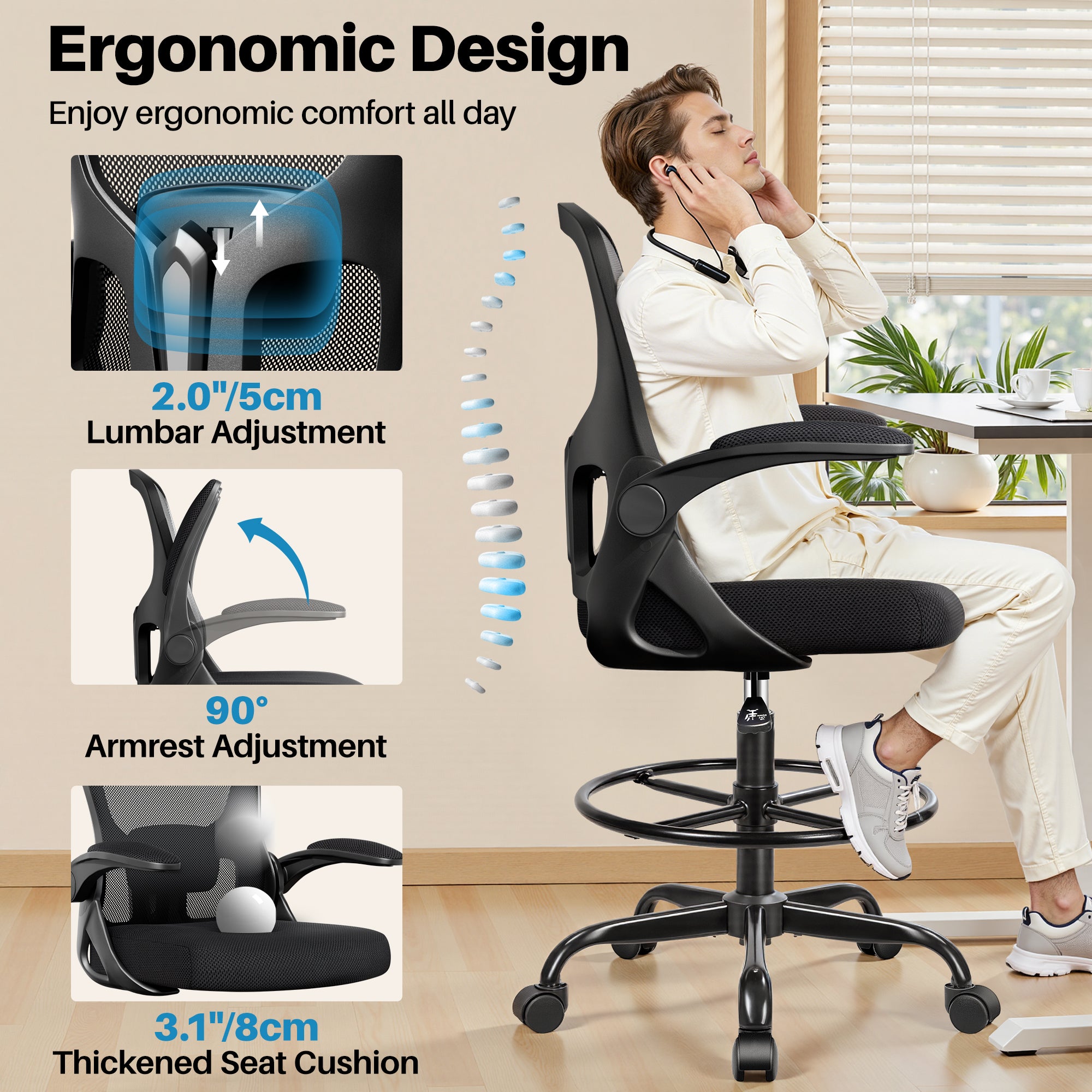 Drafting Chair Tall Office Chair for Standing Desk - Ergonomic Computer Work Stool with Flip-up Arms