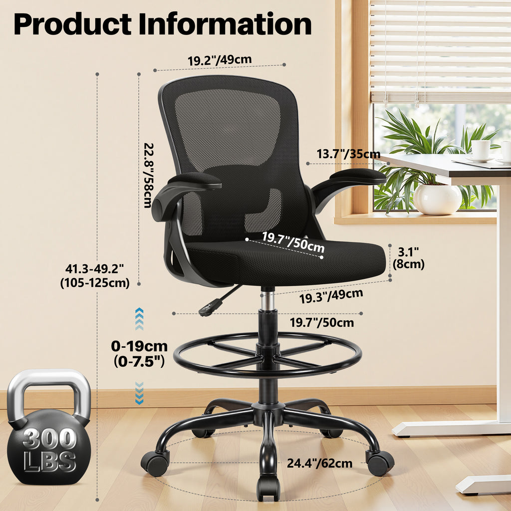 Drafting Chair Tall Office Chair for Standing Desk - Ergonomic Computer Work Stool with Flip-up Arms