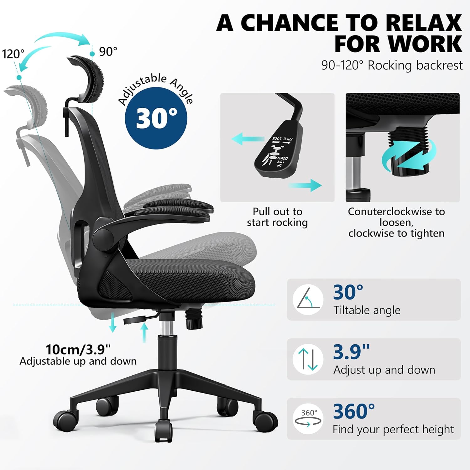 Ergonomic Office Chair, Mesh Desk Chair with Adjustable Headrest & Lumbar Support