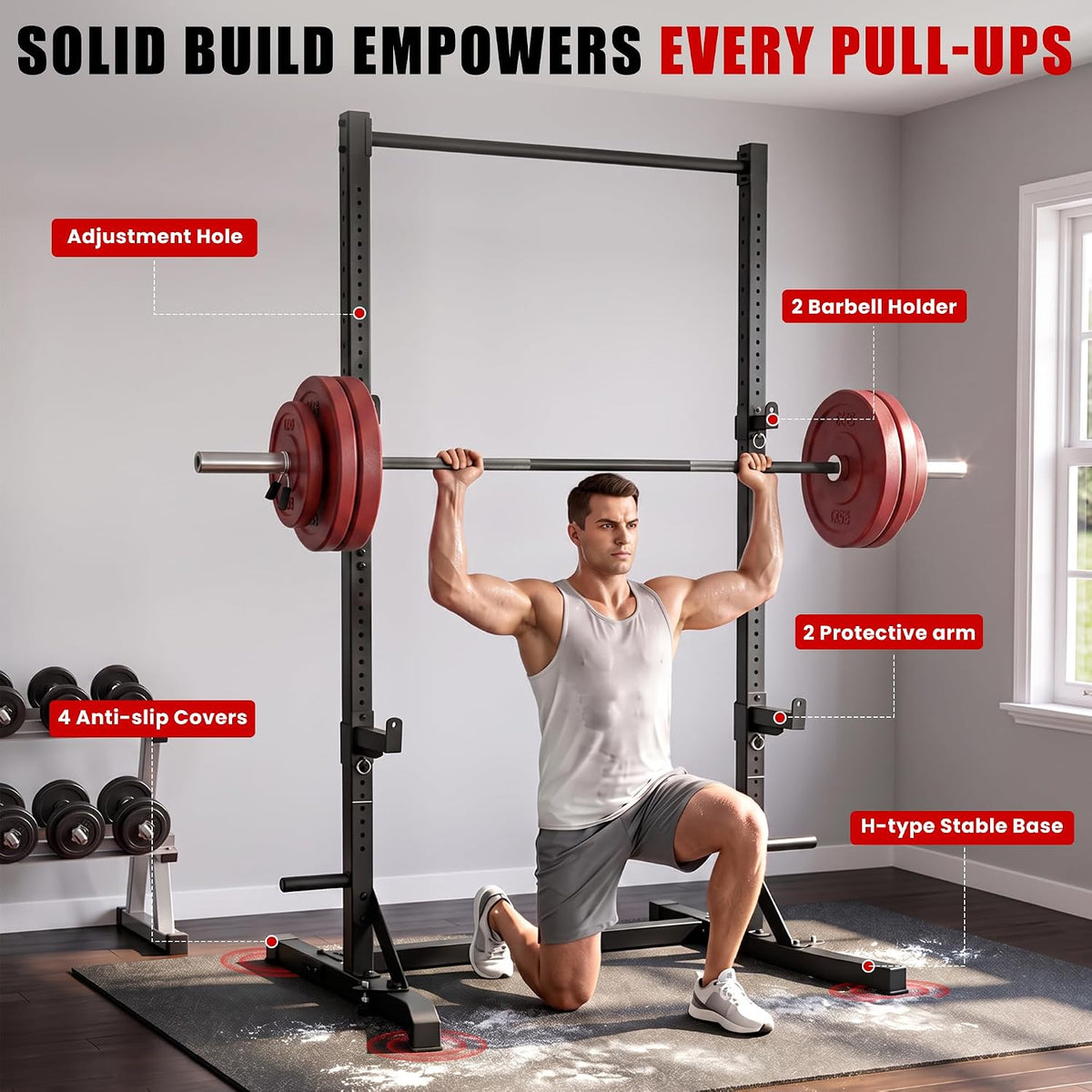 BlackPear Squat Rack, Adjustable Power Rack with Pull Up Bar for a Home Gym