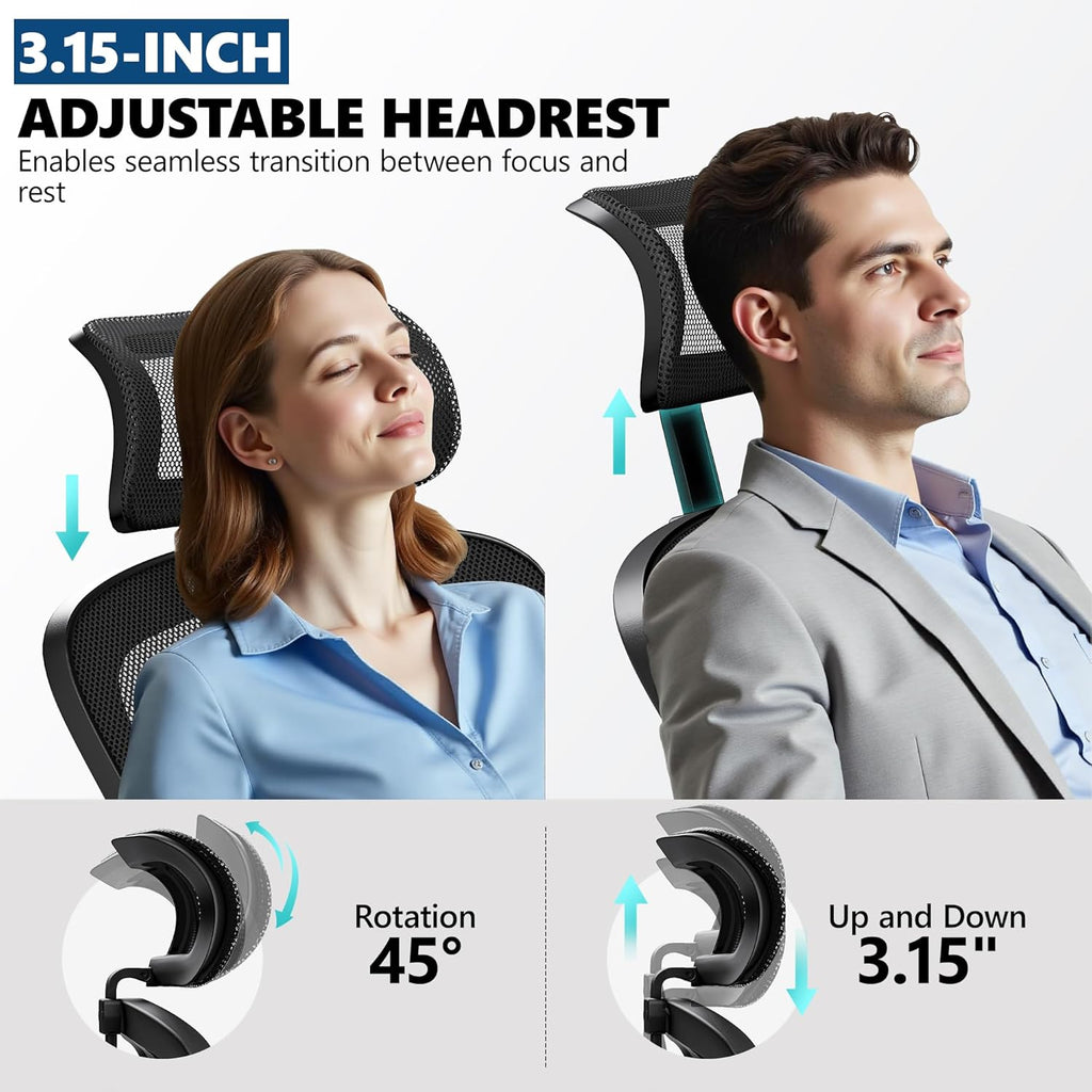 Ergonomic Office Chair, Mesh Desk Chair with Adjustable Headrest & Lumbar Support