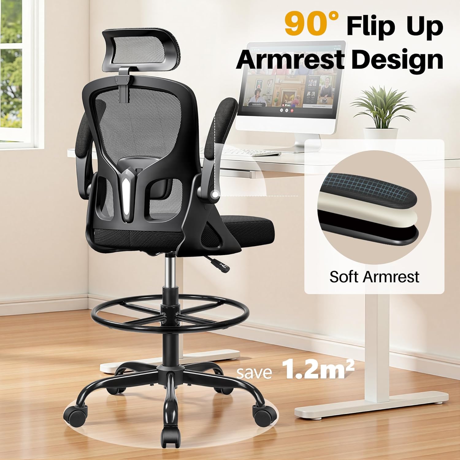 Drafting Chair, Tall Office Chair for Standing Desk, Ergonomic High Back with Headrest, Lumbar Support
