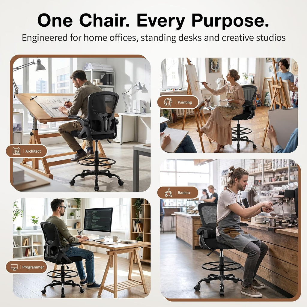 Drafting Chair, Tall Office Chair for Standing Desk with Flip-Up Armrests, Adjustable Foot Ring & Lumbar Support, Breathable Mesh High Desk Stool for Studio & Drafting Table