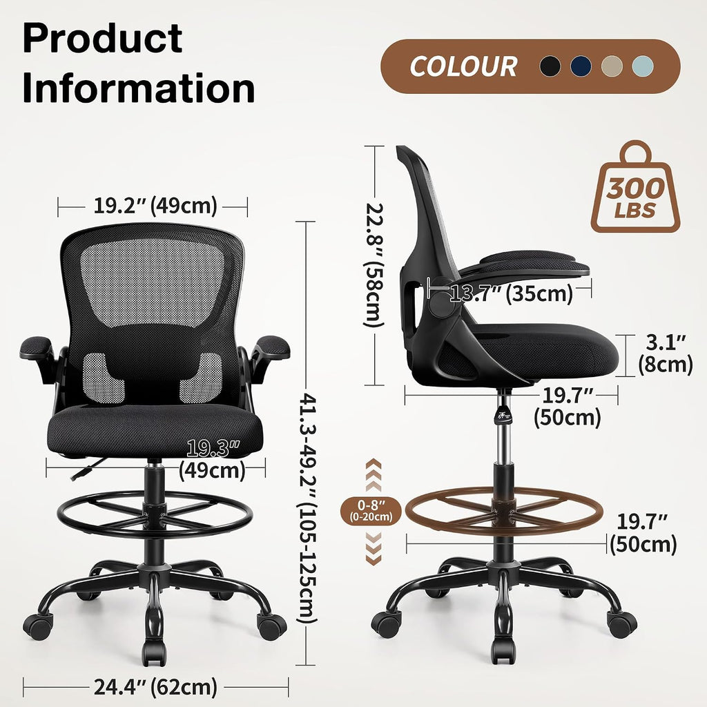 Drafting Chair, Tall Office Chair for Standing Desk with Flip-Up Armrests, Adjustable Foot Ring & Lumbar Support, Breathable Mesh High Desk Stool for Studio & Drafting Table