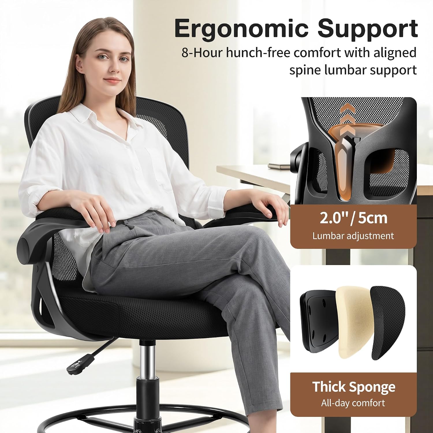 Drafting Chair, Tall Office Chair for Standing Desk with Flip-Up Armrests, Adjustable Foot Ring & Lumbar Support, Breathable Mesh High Desk Stool for Studio & Drafting Table