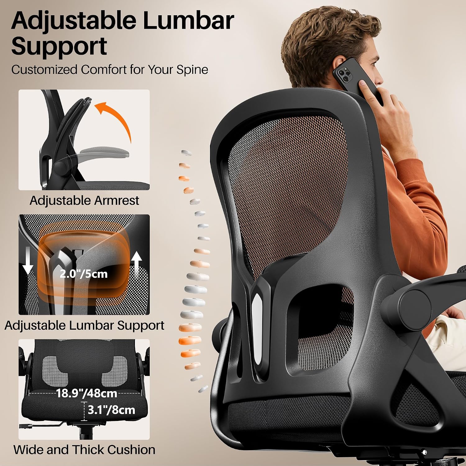 Office Chair Ergonomic Desk Chair, Adjustable Lumbar Support Rolling Swivel Comfy Chair