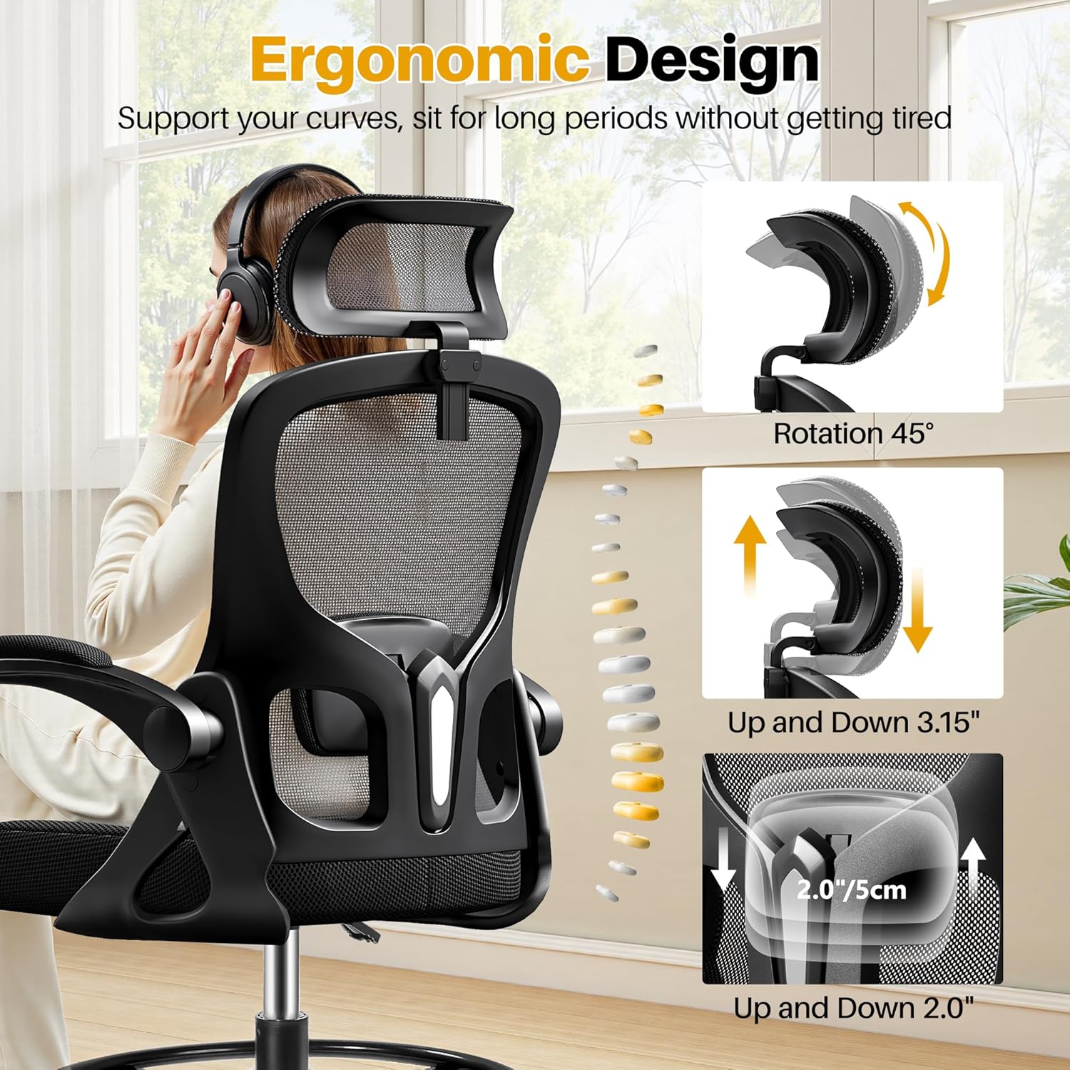 Drafting Chair, Tall Office Chair for Standing Desk, Ergonomic High Back with Headrest, Lumbar Support