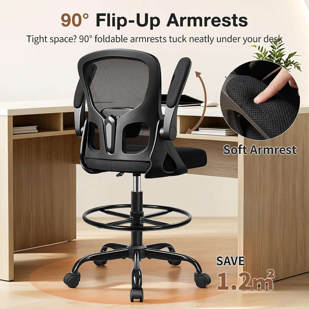 Drafting Chair, Tall Office Chair for Standing Desk with Flip-Up Armrests, Adjustable Foot Ring & Lumbar Support, Breathable Mesh High Desk Stool for Studio & Drafting Table