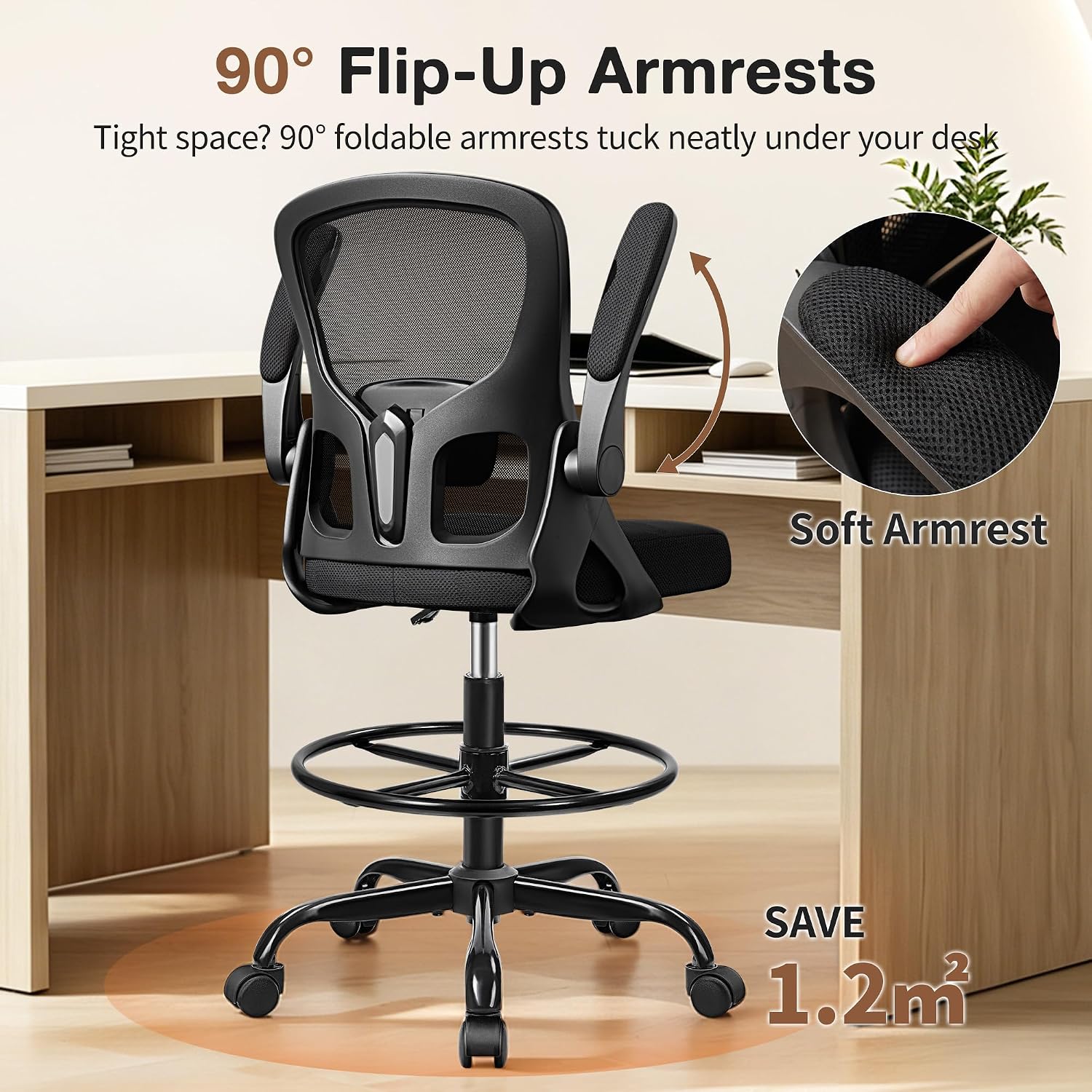 Drafting Chair, Tall Office Chair for Standing Desk with Flip-Up Armrests, Adjustable Foot Ring & Lumbar Support, Breathable Mesh High Desk Stool for Studio & Drafting Table