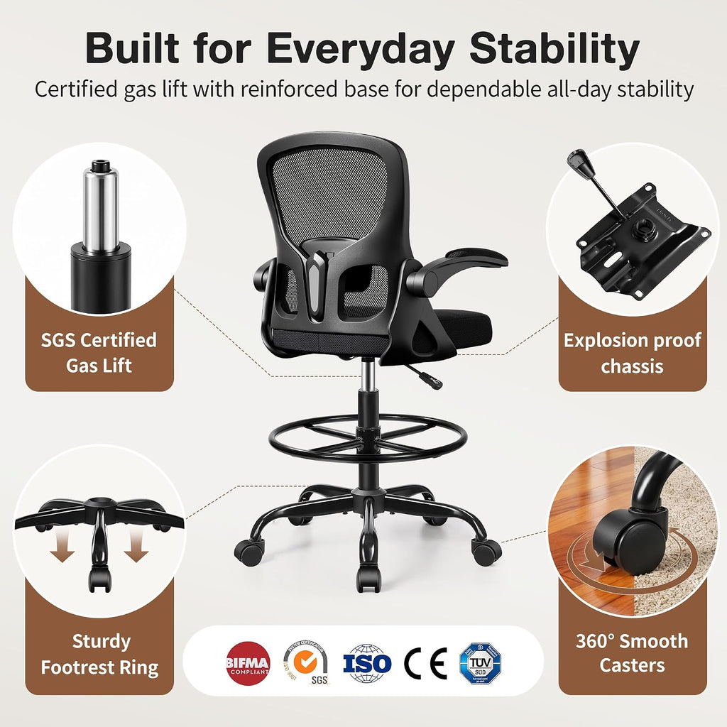 Drafting Chair, Tall Office Chair for Standing Desk with Flip-Up Armrests, Adjustable Foot Ring & Lumbar Support, Breathable Mesh High Desk Stool for Studio & Drafting Table