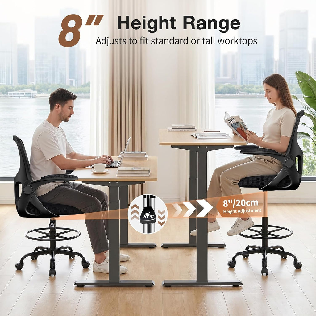 Drafting Chair, Tall Office Chair for Standing Desk with Flip-Up Armrests, Adjustable Foot Ring & Lumbar Support, Breathable Mesh High Desk Stool for Studio & Drafting Table