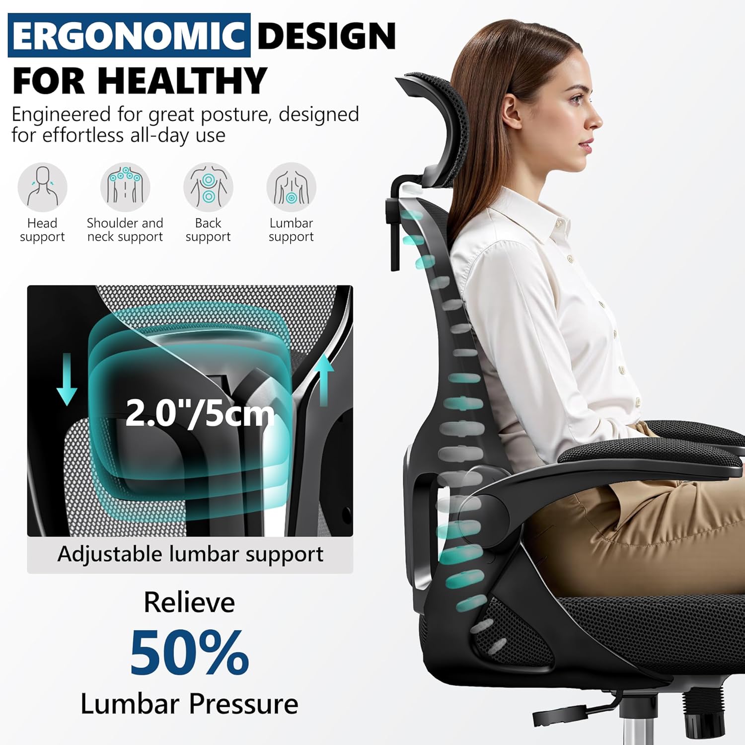 Ergonomic Office Chair, Mesh Desk Chair with Adjustable Headrest & Lumbar Support