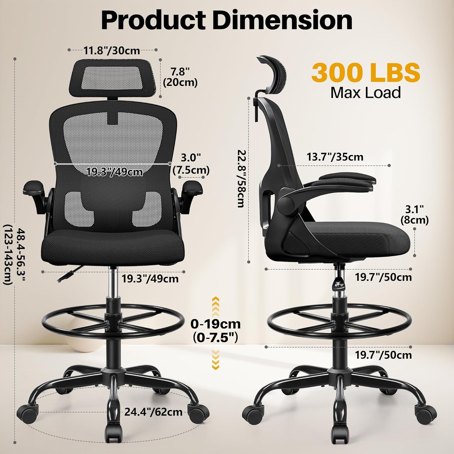 Drafting Chair, Tall Office Chair for Standing Desk, Ergonomic High Back with Headrest, Lumbar Support