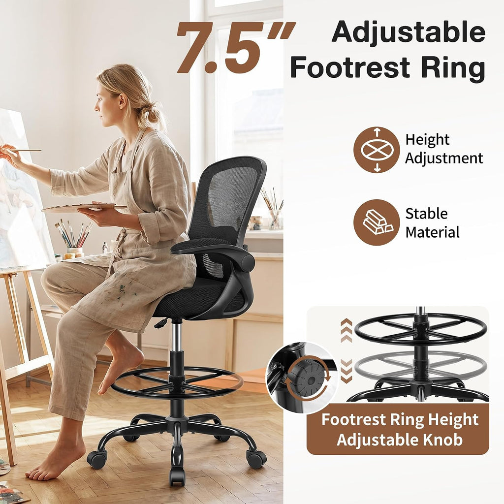 Drafting Chair, Tall Office Chair for Standing Desk with Flip-Up Armrests, Adjustable Foot Ring & Lumbar Support, Breathable Mesh High Desk Stool for Studio & Drafting Table